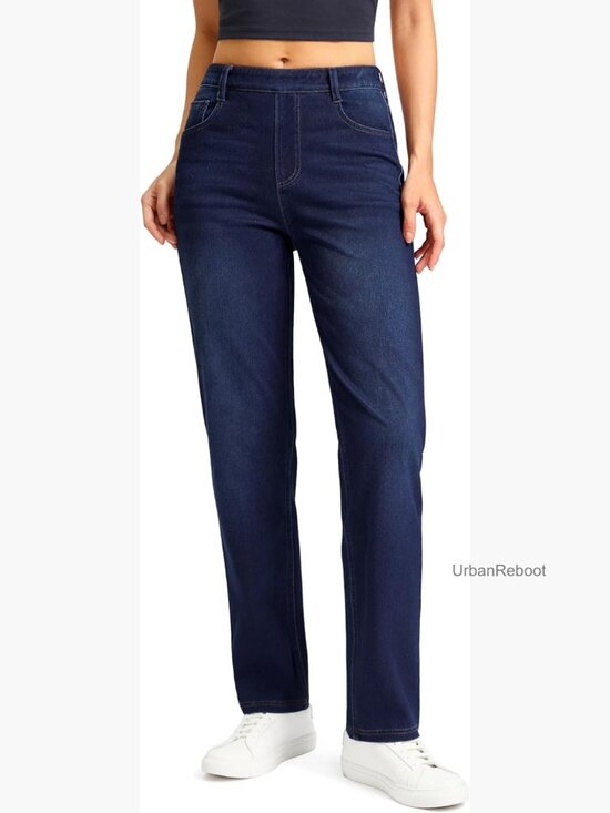 Denim - Stretchy Pull On Straight Leg Jeans High Waisted Tummy Control